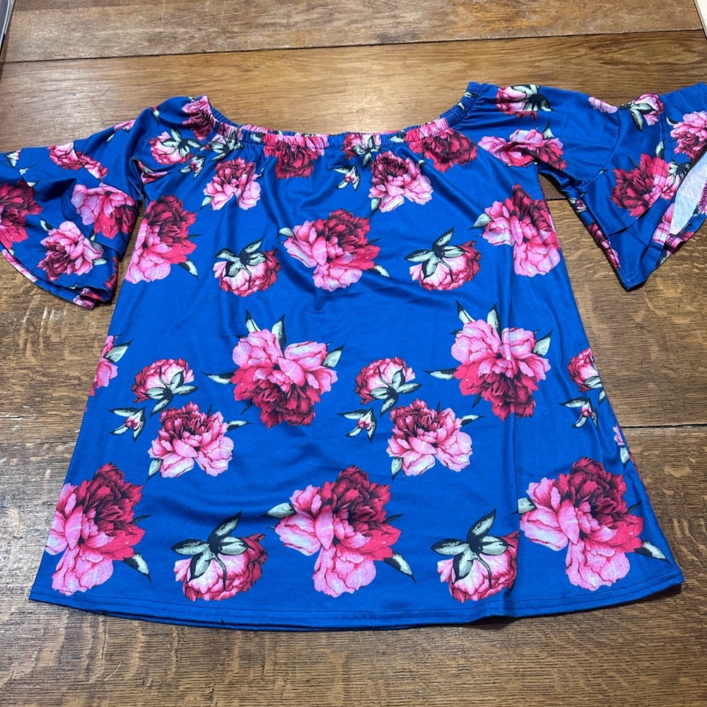 Floral Off-Shoulder Women’s Top‎ in Royal Blue with Pink Roses sz xl